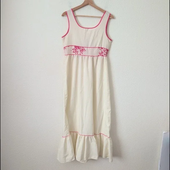 VTG 70s Saks Fifth Ave Cream‎ Pink Floral Lace Up Maxi Dress 34 Large Coquette - Picture 2 of 8